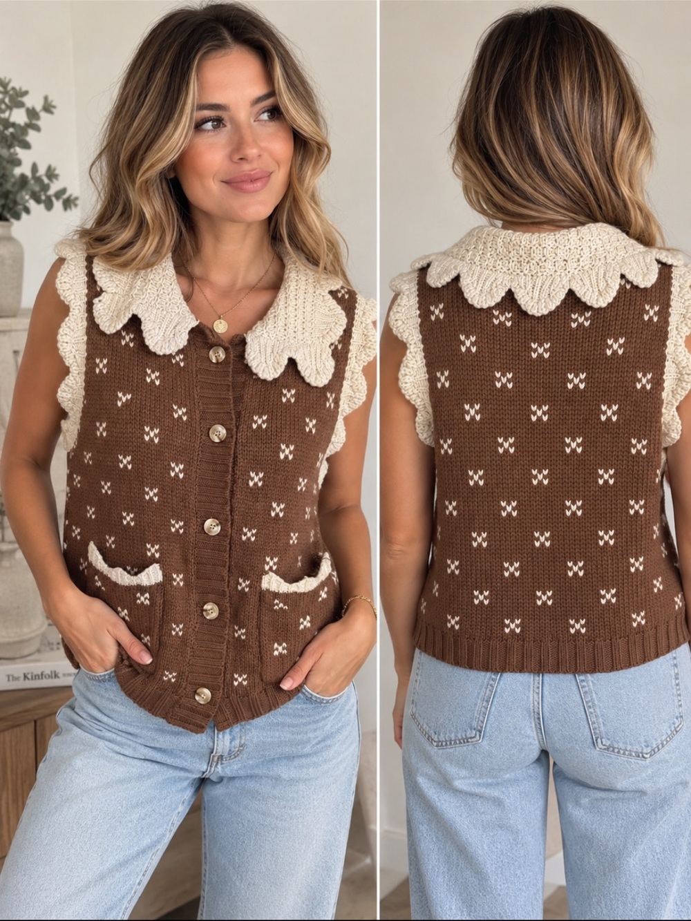 &merci Brown Cream Knit Sweater Vest Large Scalloped Collar Cottagecore